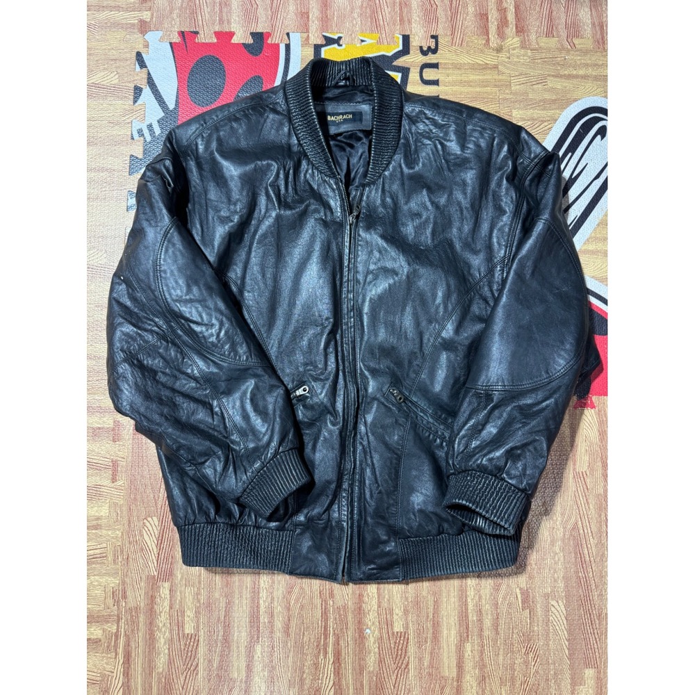Bachrach USA Vintage Black Leather Bomber Jacket Mens Ribbed Trim Zip Up